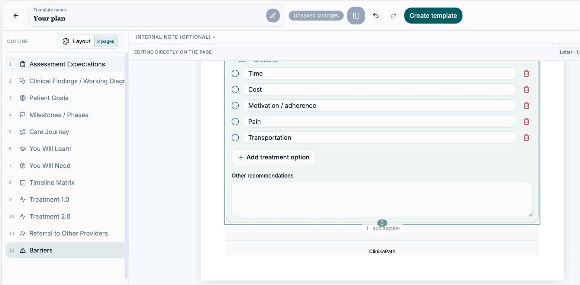 Care Plan Builder outline panel listing all twelve sections of a template
