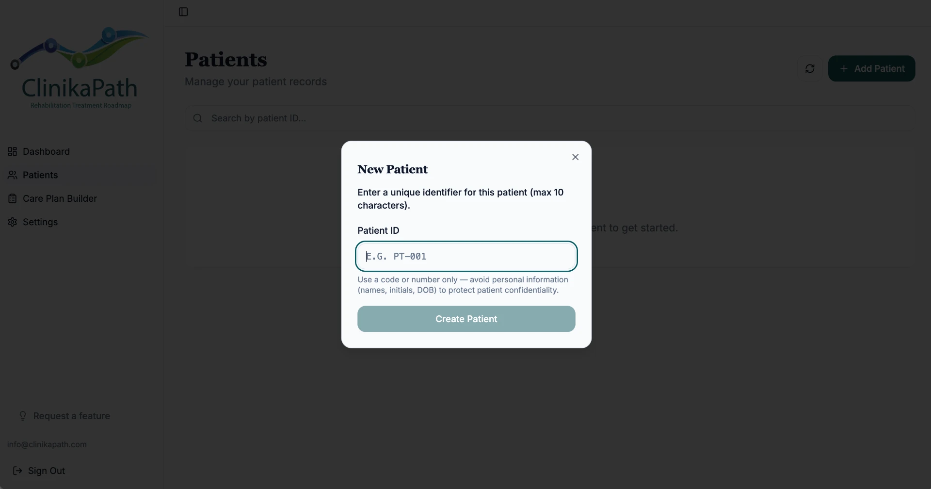 The empty "New Patient" dialog asking for a unique patient identifier