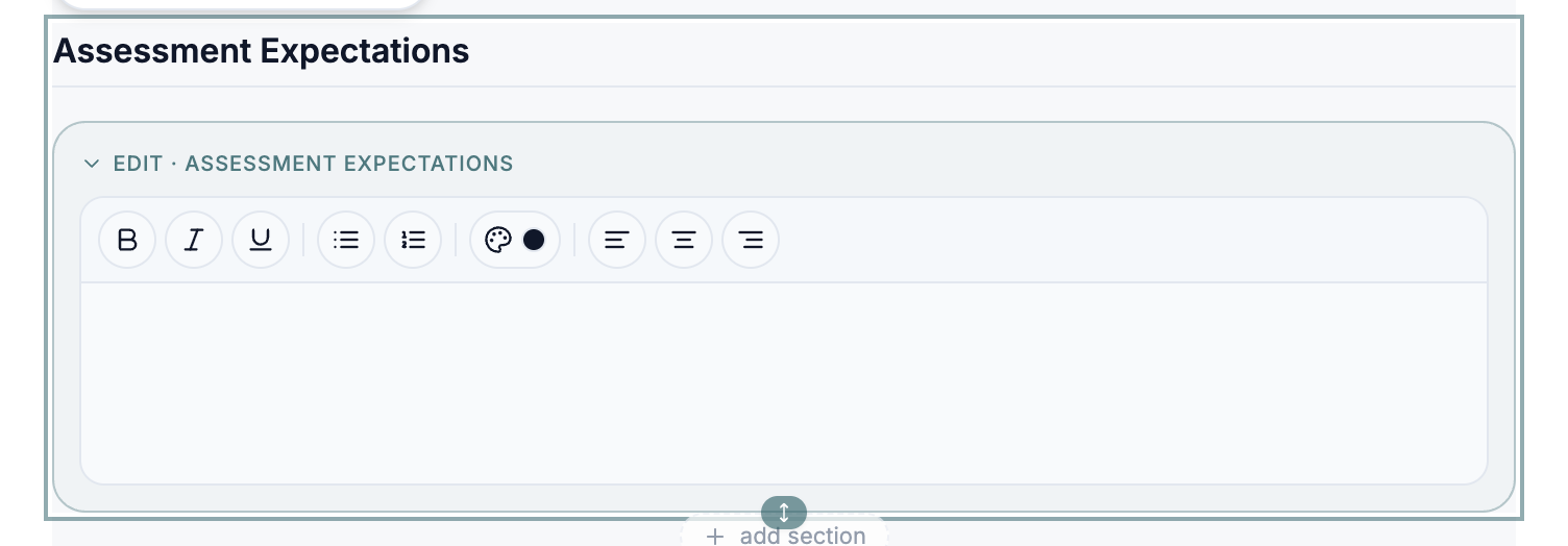 Assessment Expectations section with rich-text toolbar