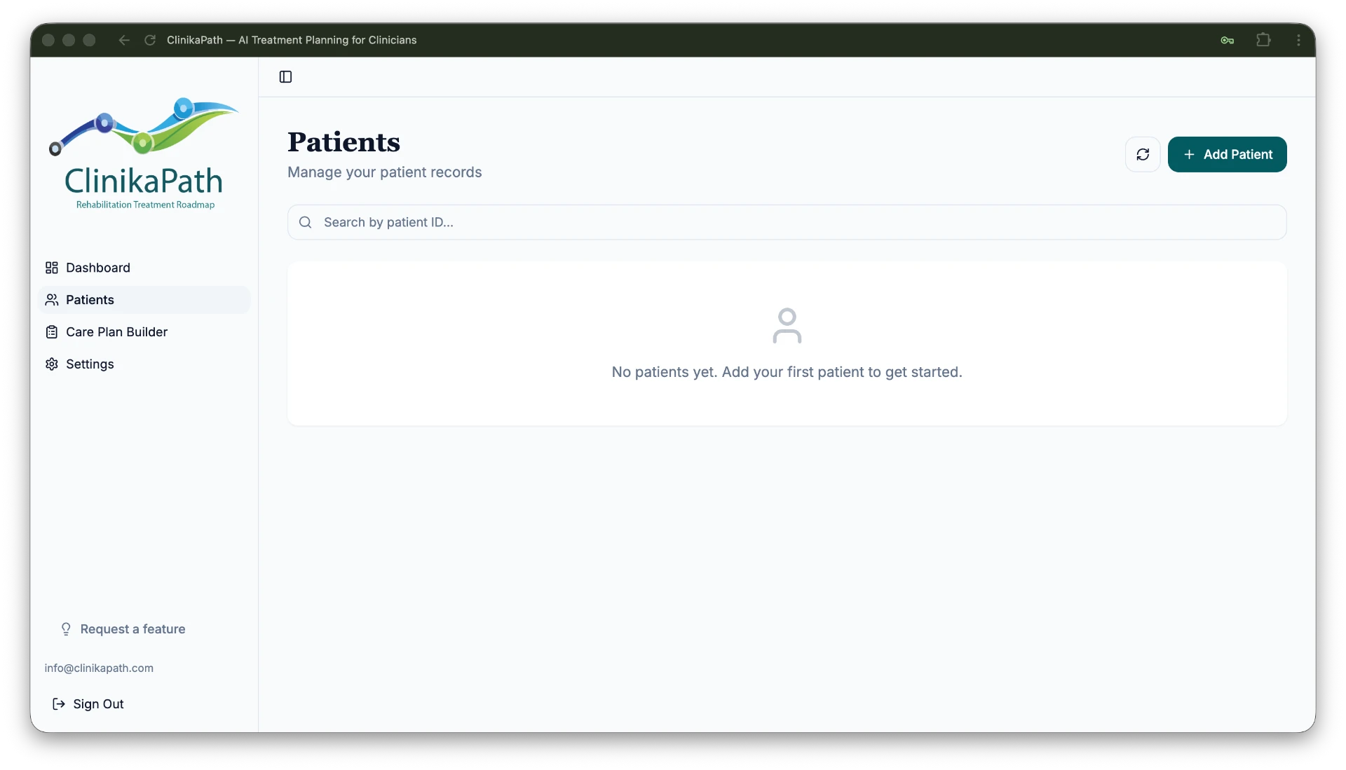 ClinikaPath Patients screen showing an empty patient directory
