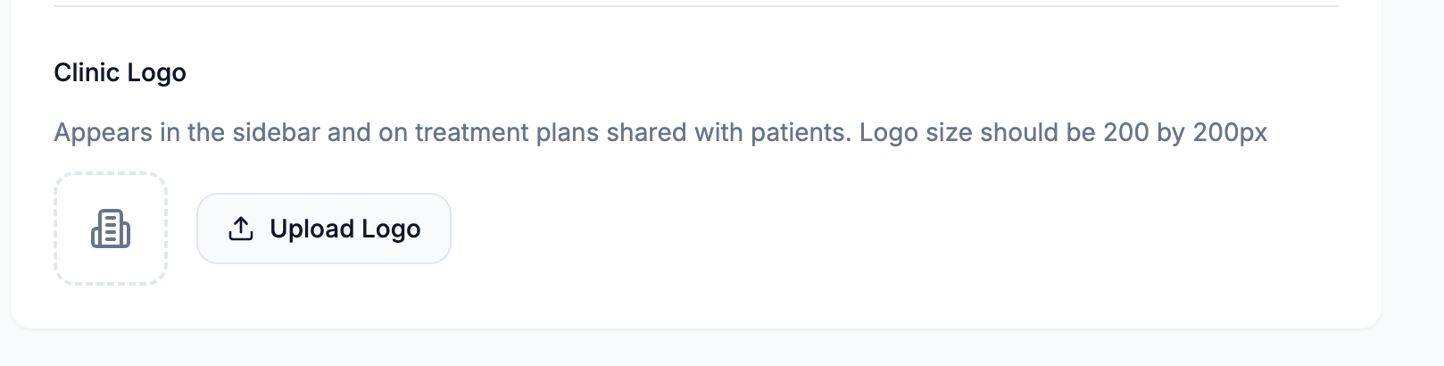 ClinikaPath Clinic Logo section with the Upload Logo button and 200 by 200px guidance