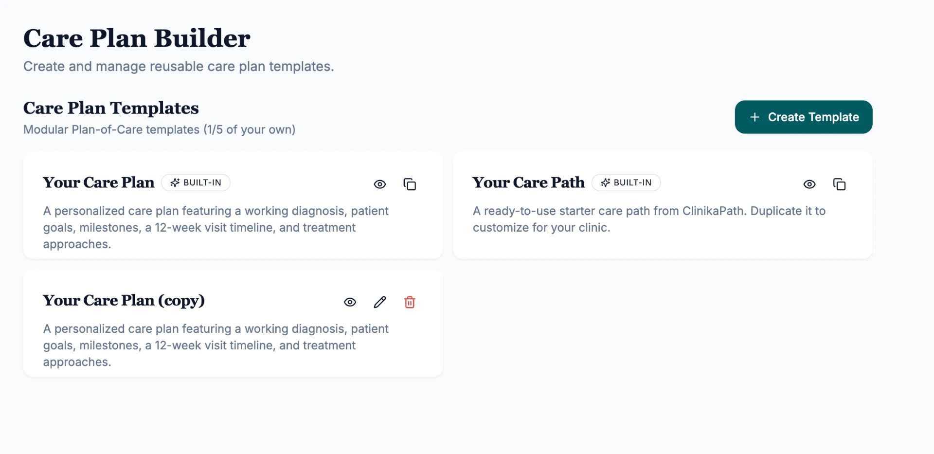 Care Plan Builder showing a duplicated template with preview, edit and delete icons