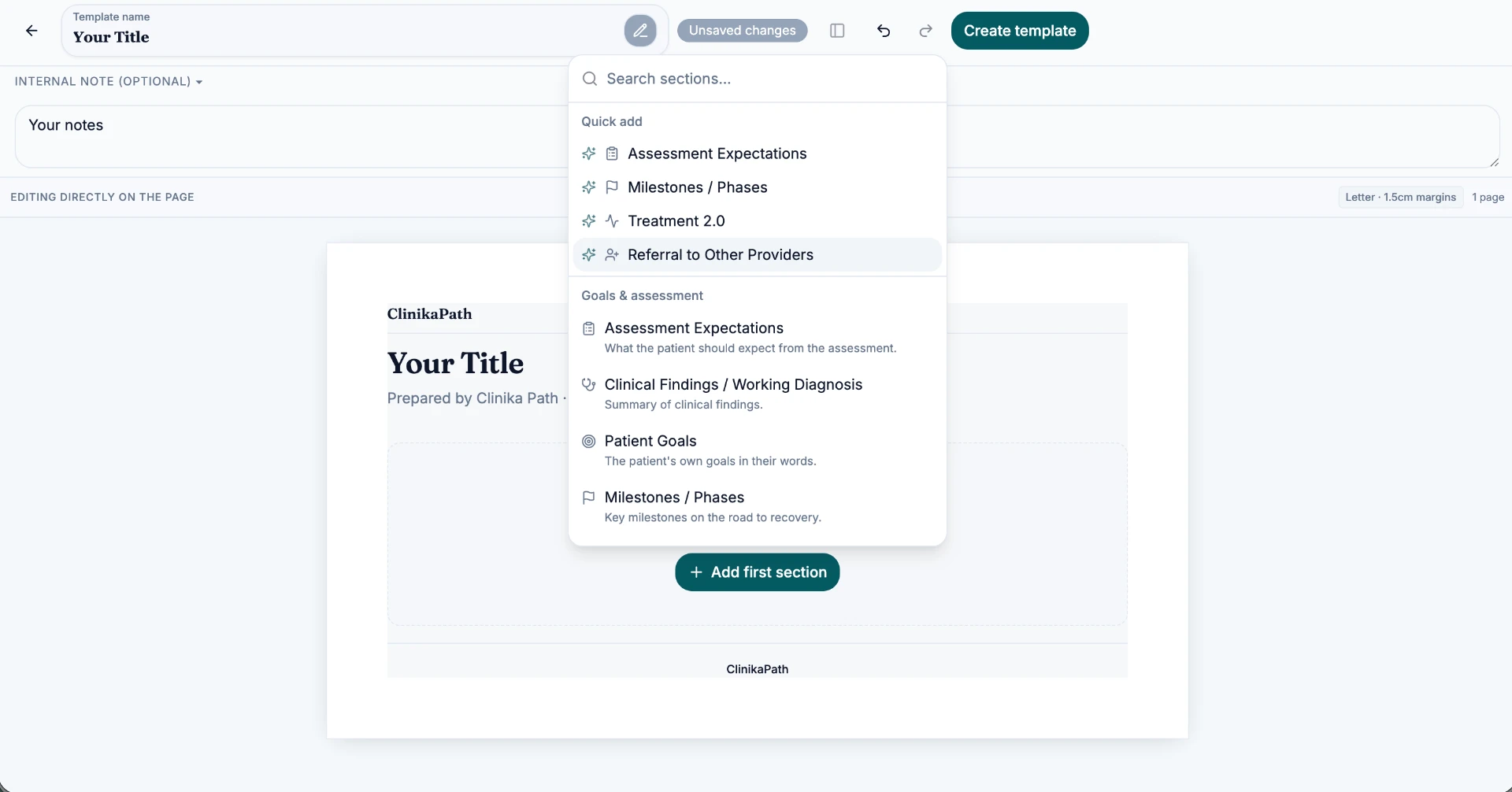 Section picker showing quick add and goals and assessment sections