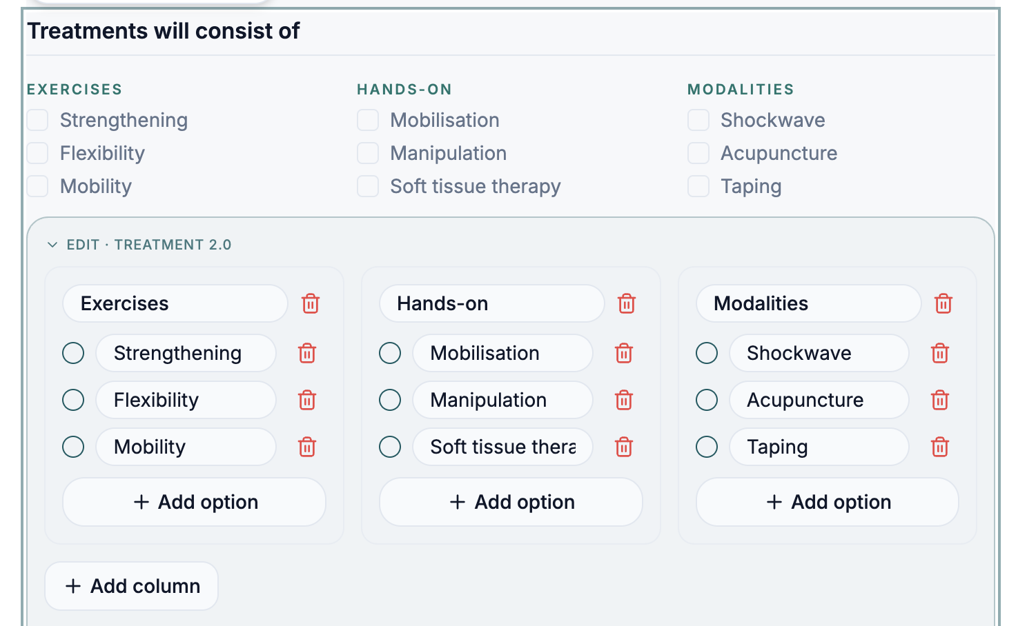 Treatment 2.0 multi-column checklist editor with Exercises, Hands-on and Modalities columns