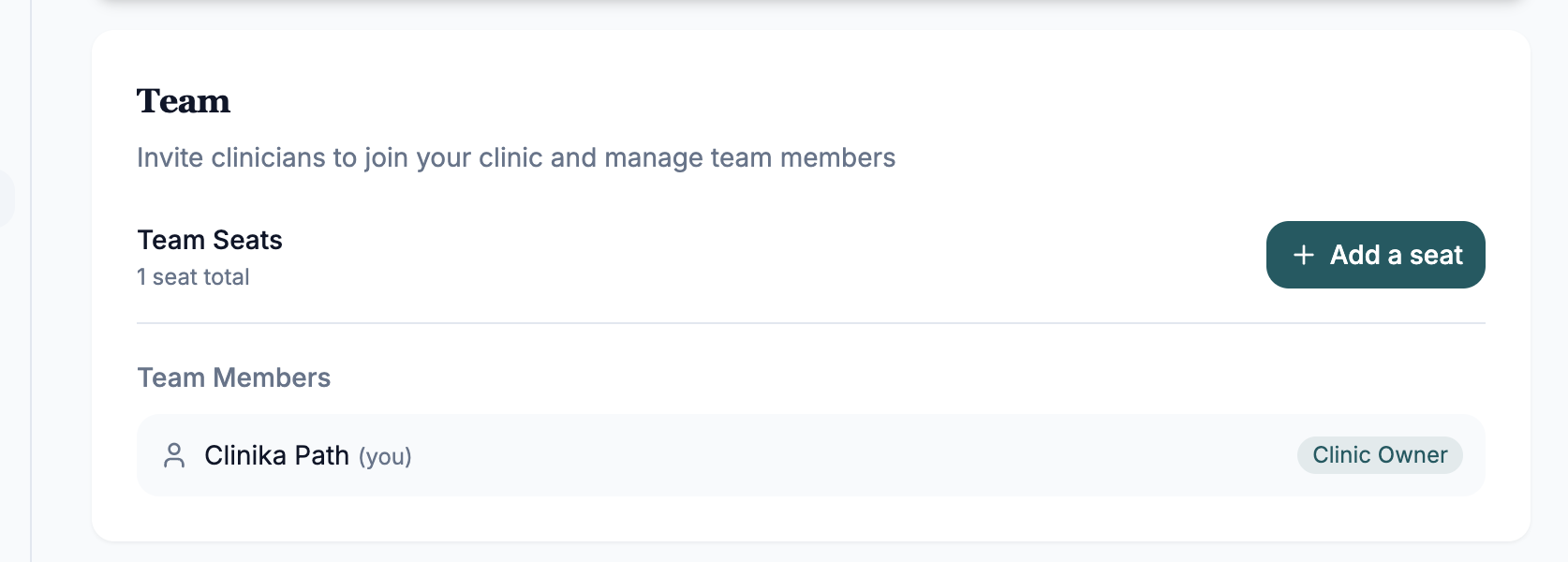 ClinikaPath Team settings card showing team seats, the Add a seat button, and team members