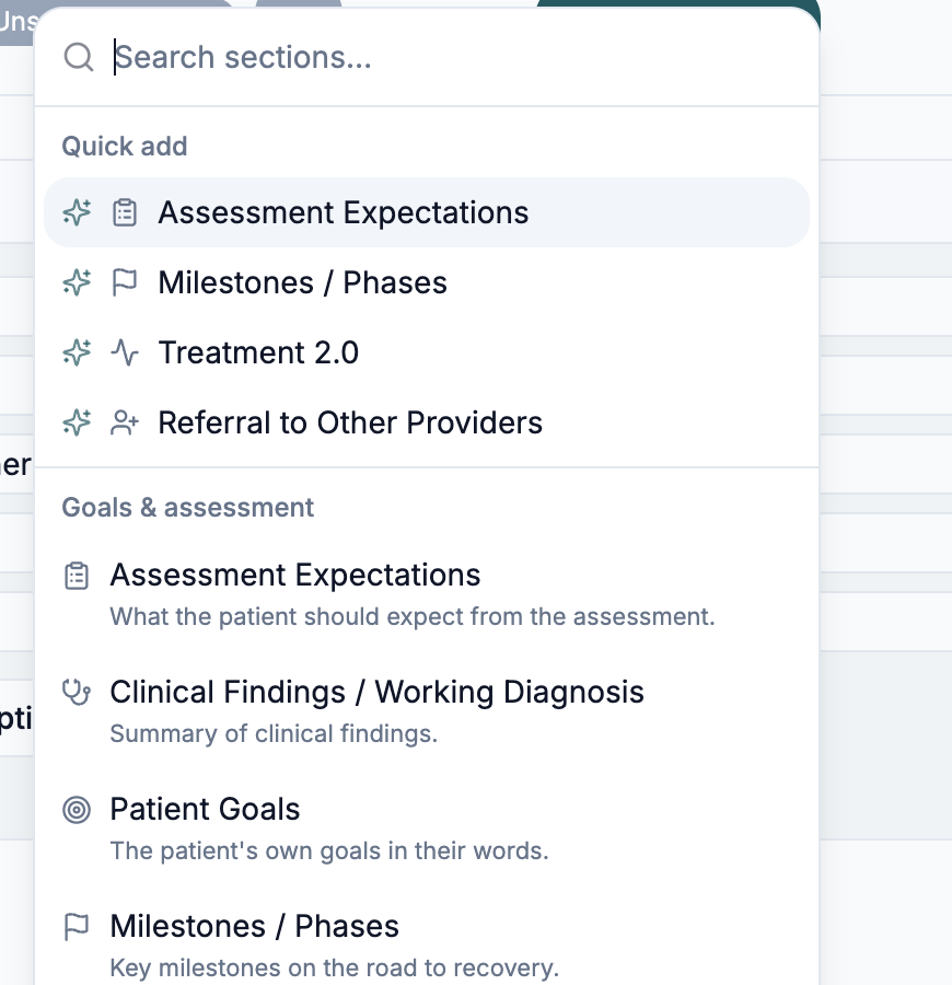 Section picker showing Quick add and Goals & assessment categories