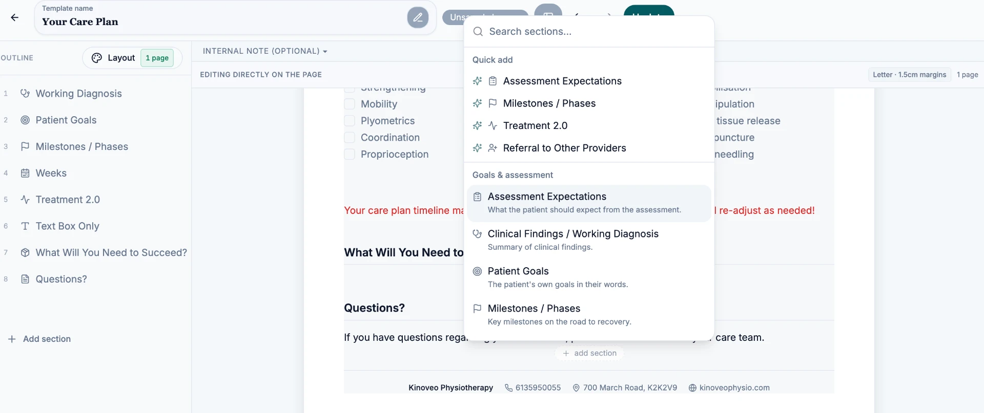 Care plan builder with the section picker open, showing outline and quick-add sections
