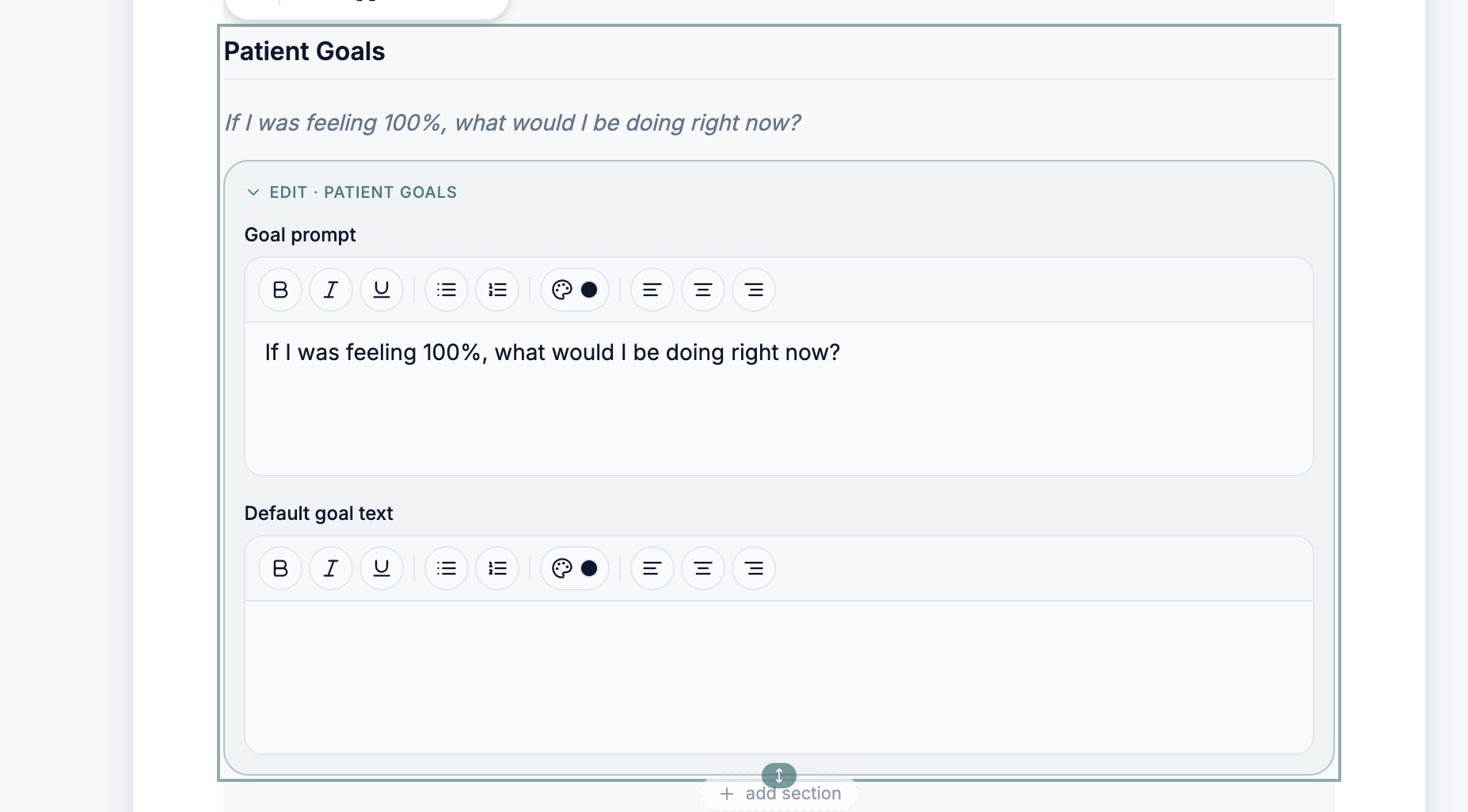 Patient Goals section with editable goal prompt and default goal text fields