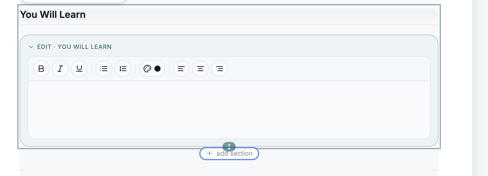 You Will Learn section with rich-text toolbar