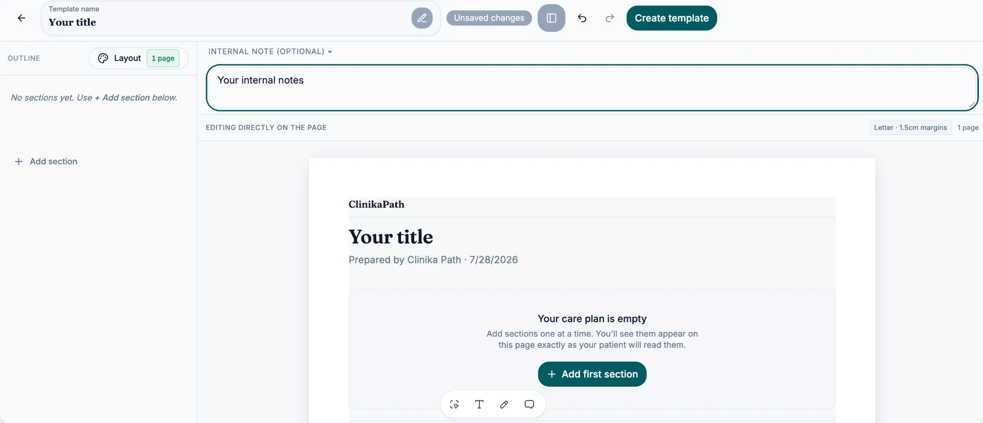 Care plan template editor with the outline panel open on the left