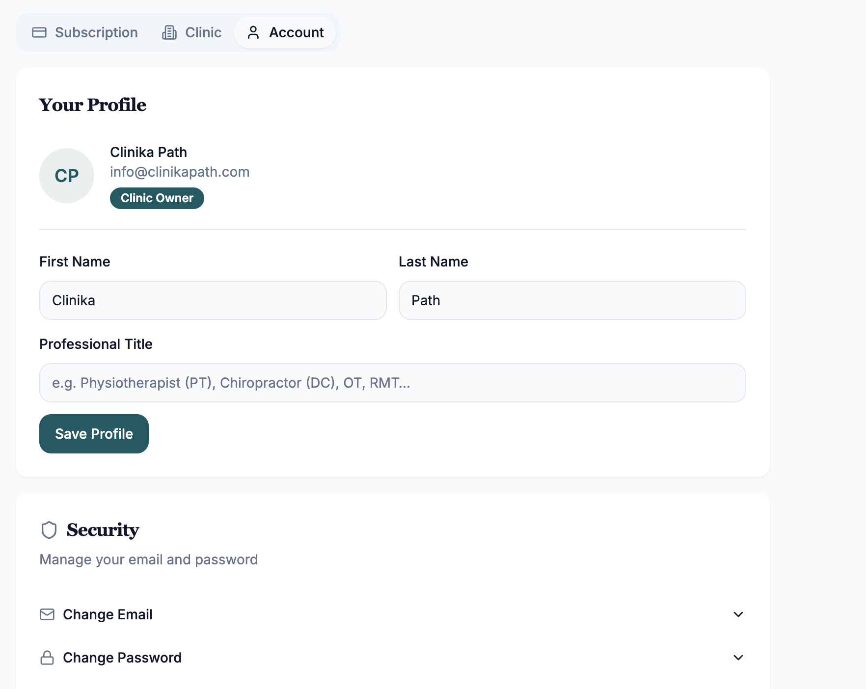 ClinikaPath Account settings showing the profile fields, professional title, and security options