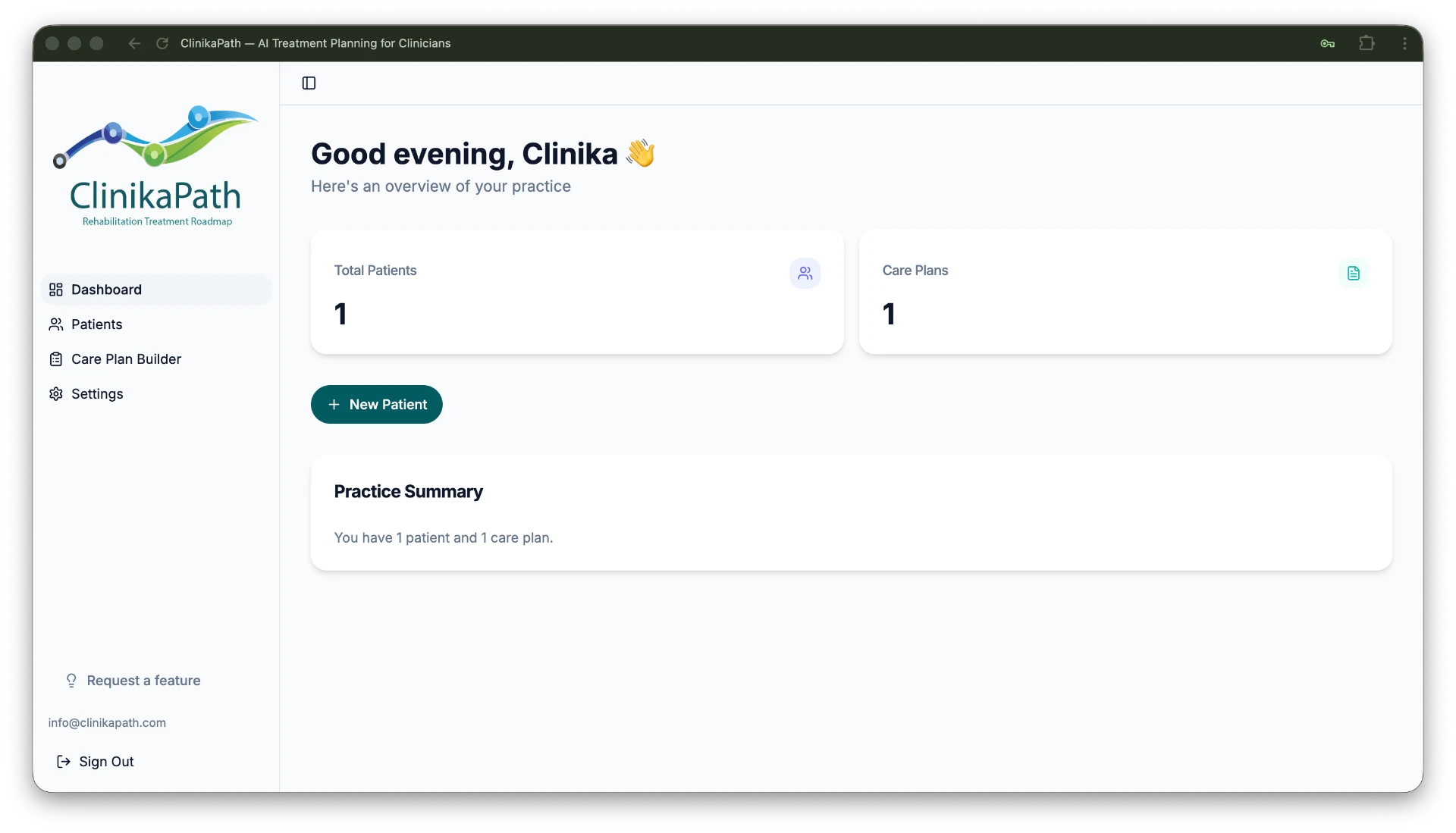 ClinikaPath dashboard with the Care Plan Builder link in the sidebar