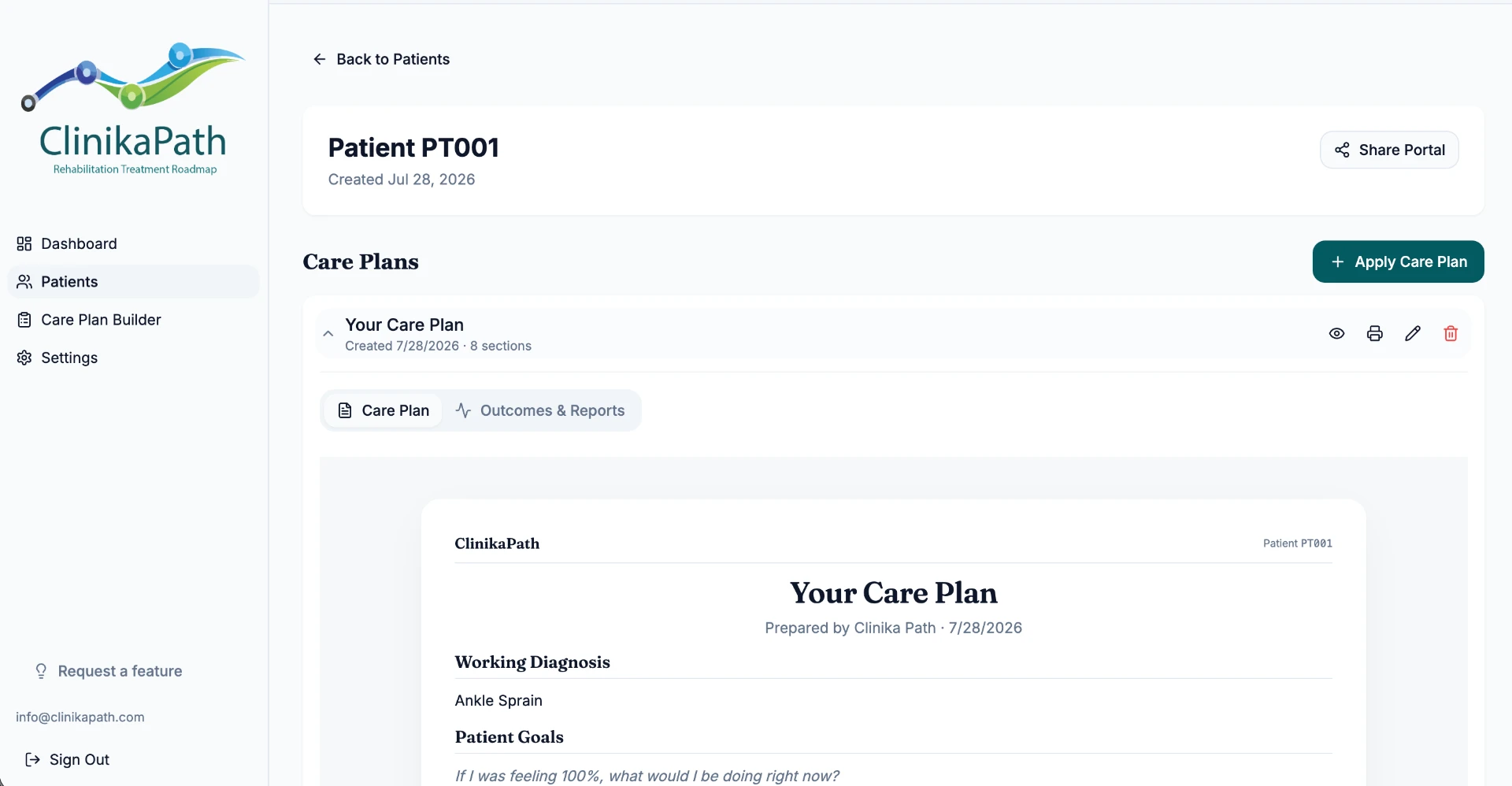 Expanded care plan showing the Care Plan tab with the working diagnosis and patient goals as the patient sees them