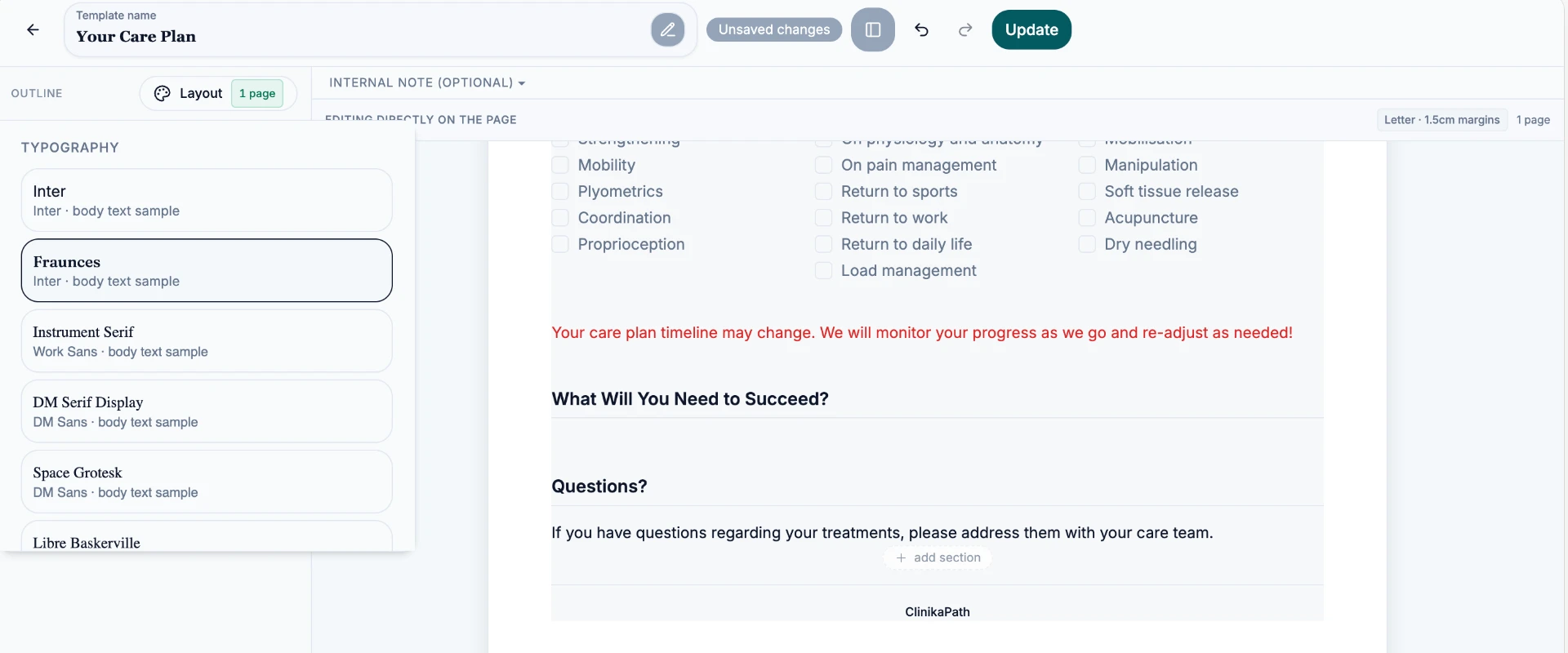 Typography selector in the Layout panel listing font pairings with previews
