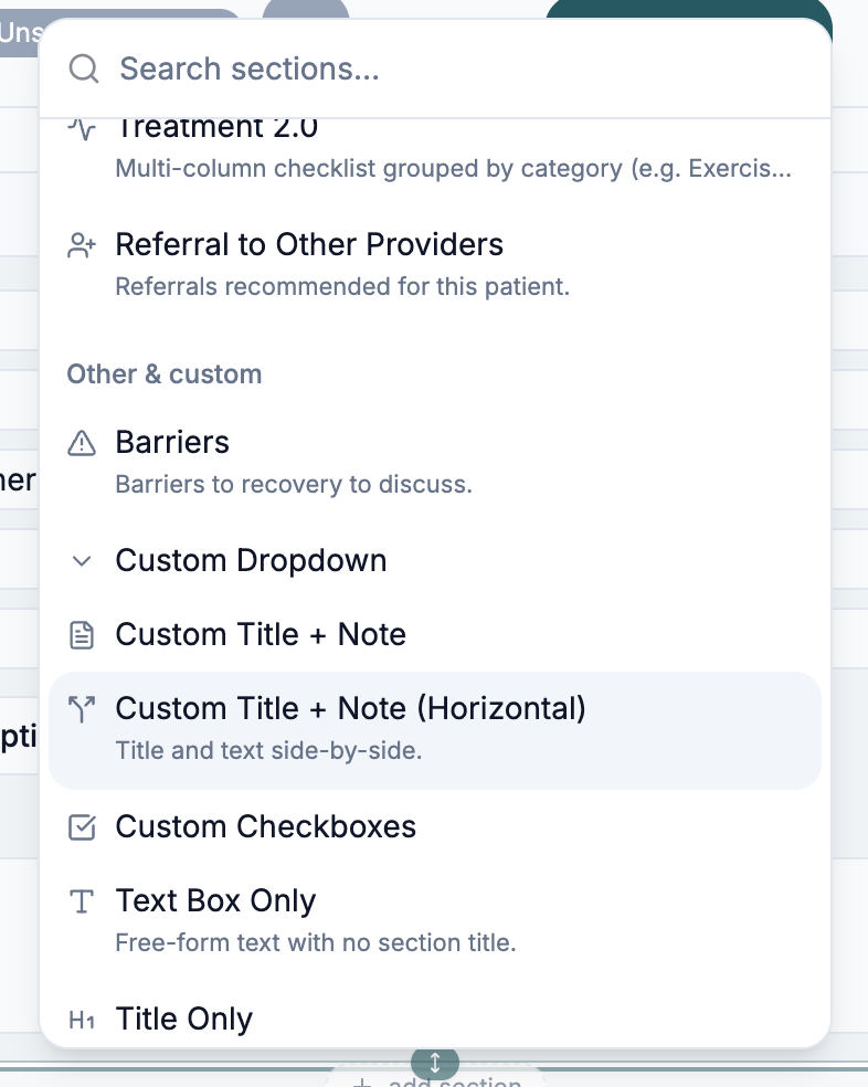Section picker showing the Other & custom category with custom block types