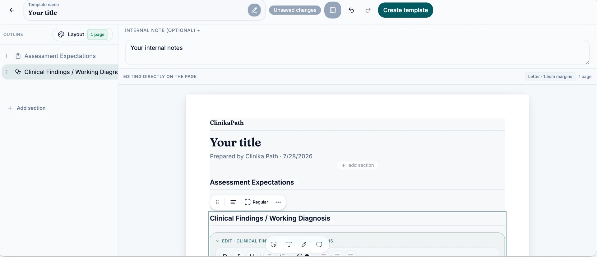 Template editor with Assessment Expectations and Clinical Findings sections added