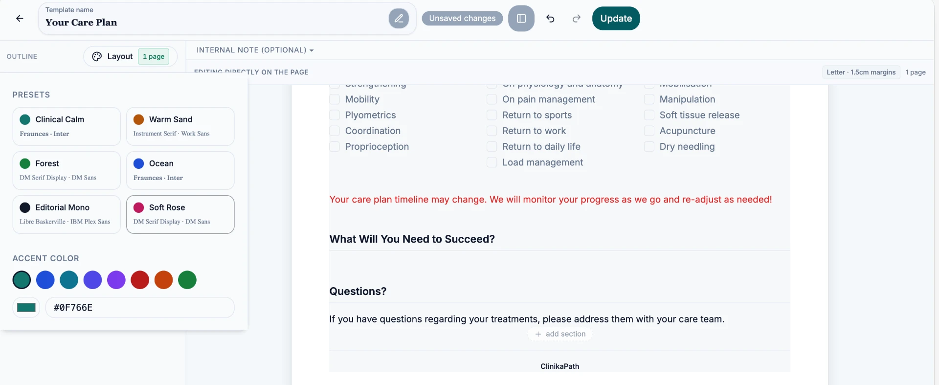Care Plan Builder Layout panel showing style presets and accent colour swatches