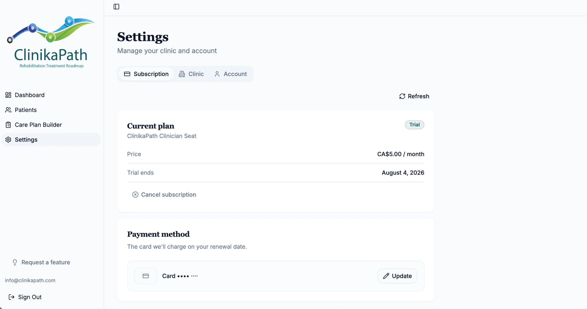 ClinikaPath Subscription settings showing the current plan, trial end date, and payment method