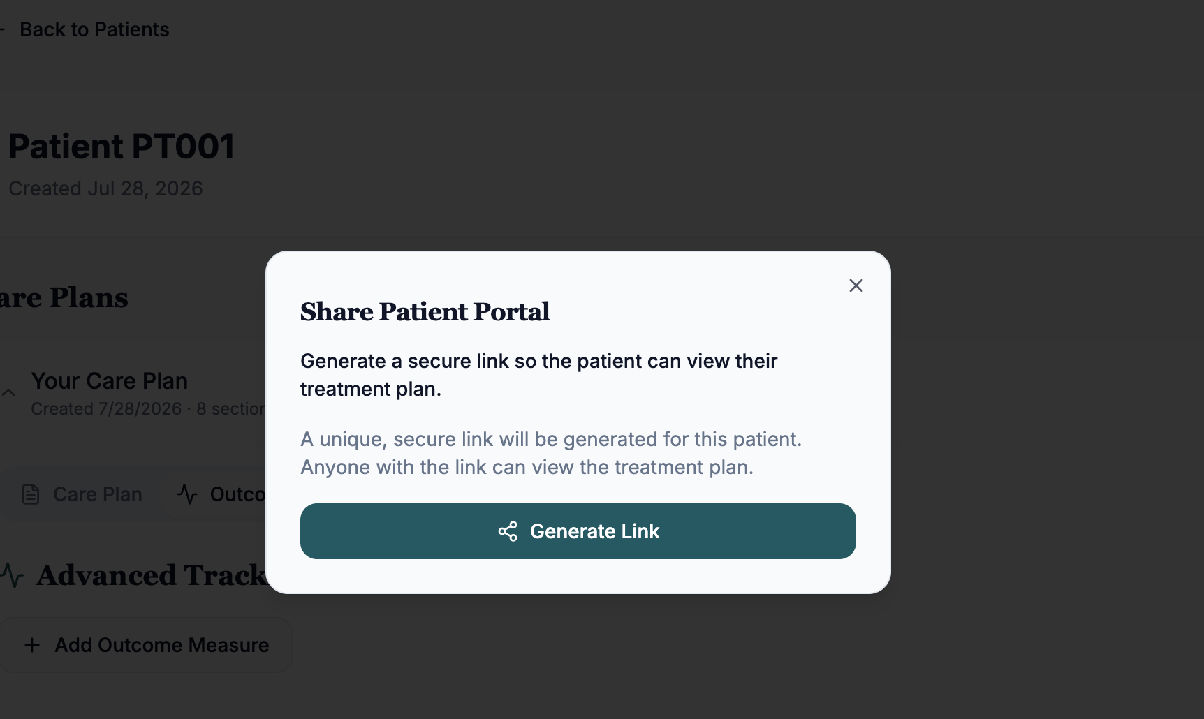 ClinikaPath Share Patient Portal modal with Generate Link button