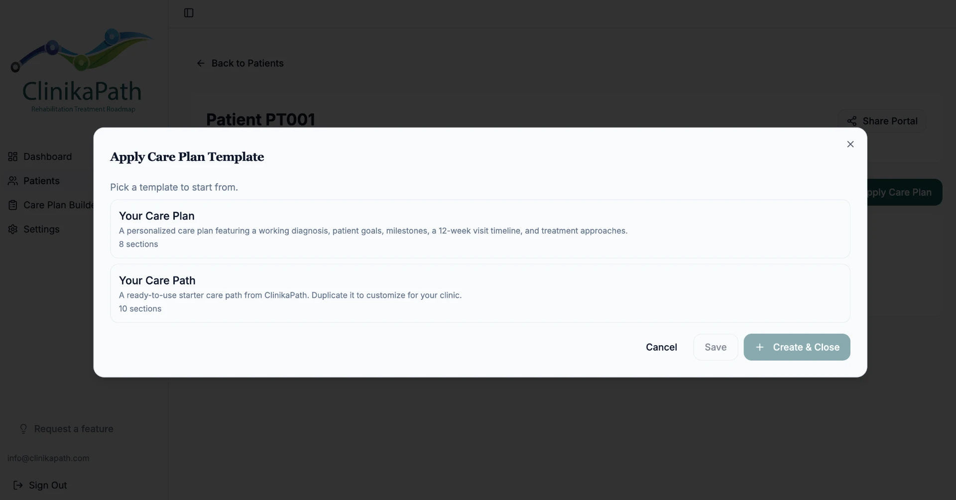 Apply Care Plan Template dialog listing the Your Care Plan and Your Care Path templates