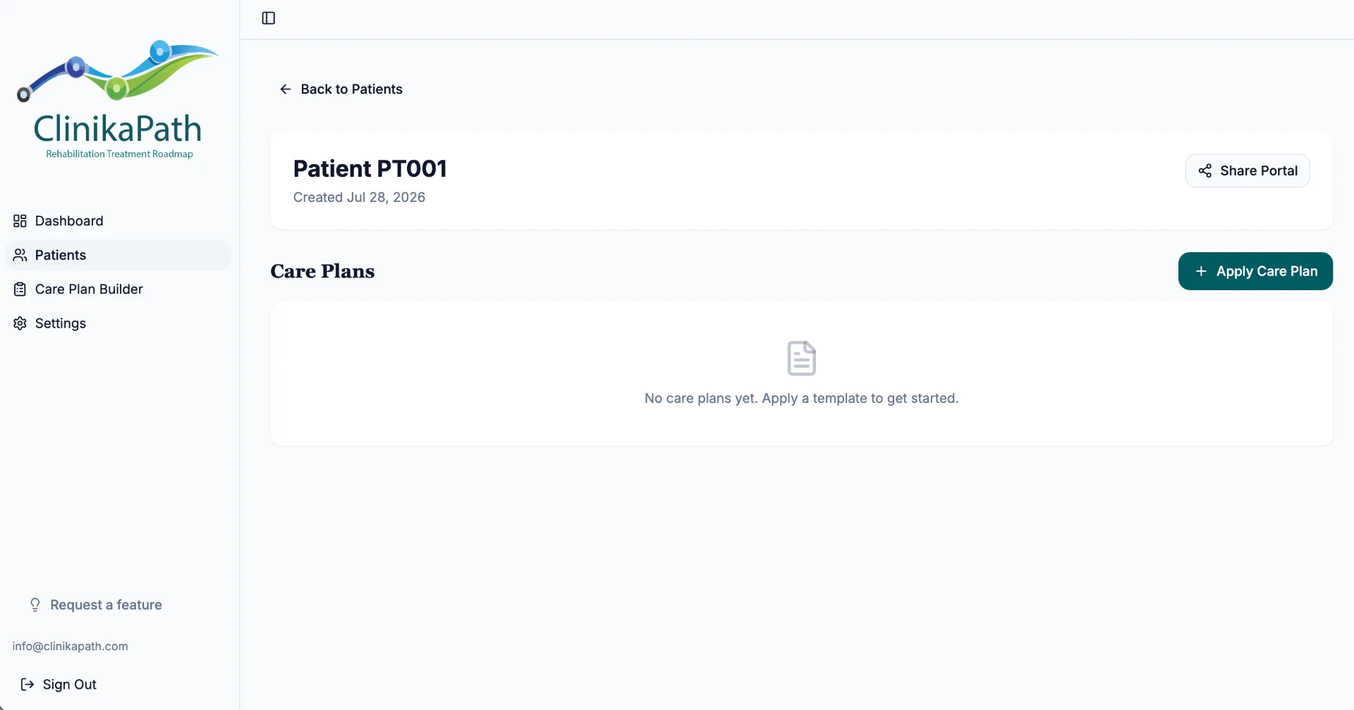 ClinikaPath patient profile for Patient PT001 with an empty Care Plans section