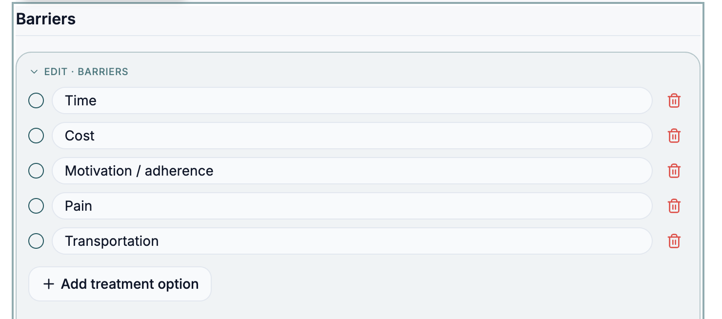 Barriers checklist editor with time, cost, motivation, pain and transportation