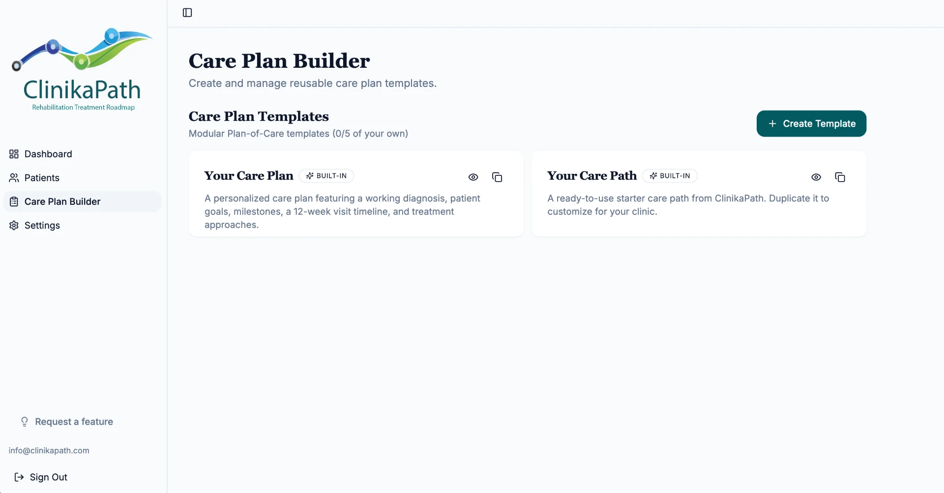 Care Plan Builder screen with the two built-in templates and the Create Template button