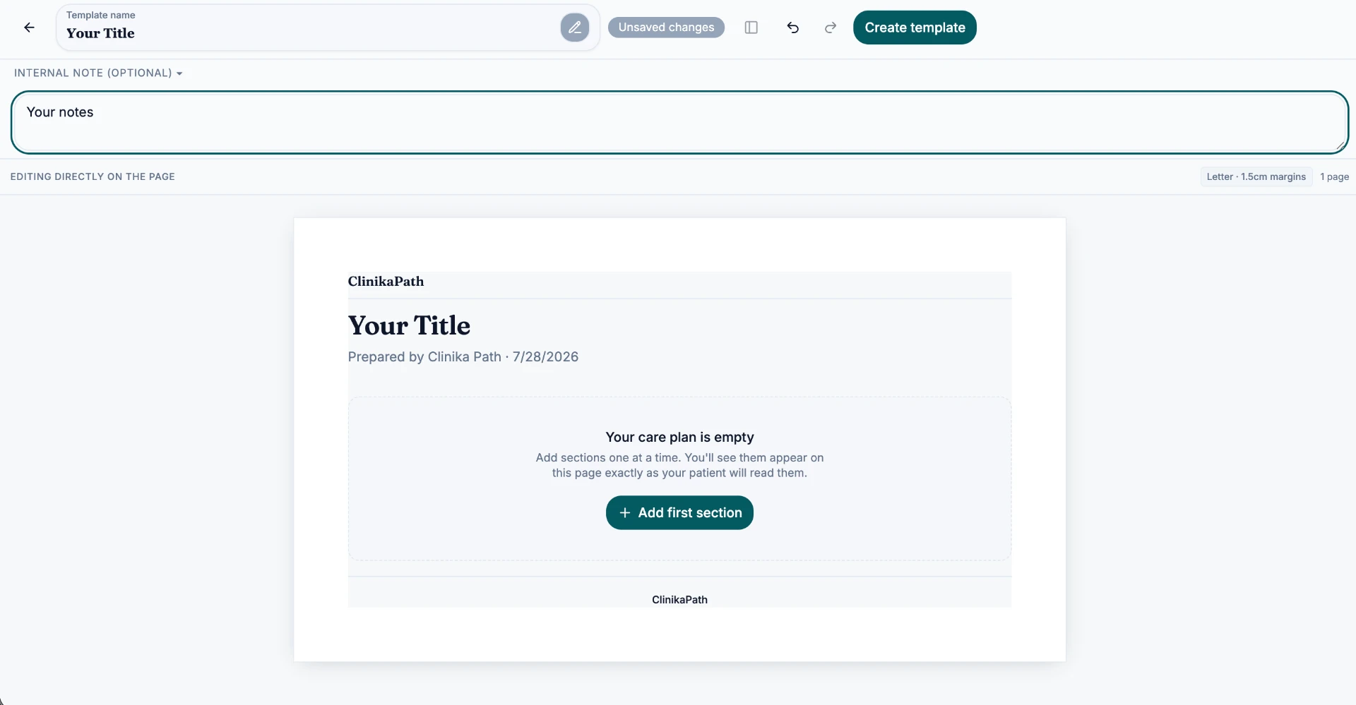 Blank care plan template editor with template name and internal note fields