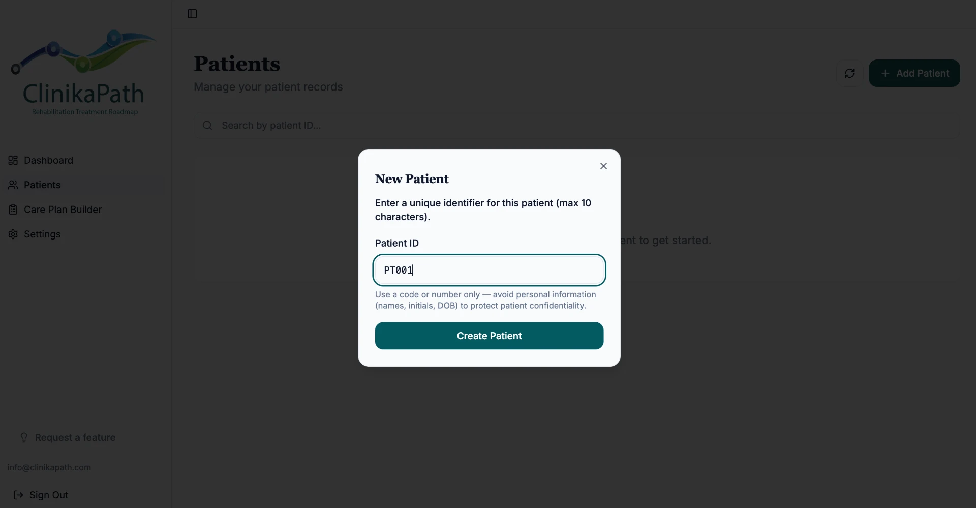 The "New Patient" dialog with the patient ID PT001 entered and the Create Patient button active