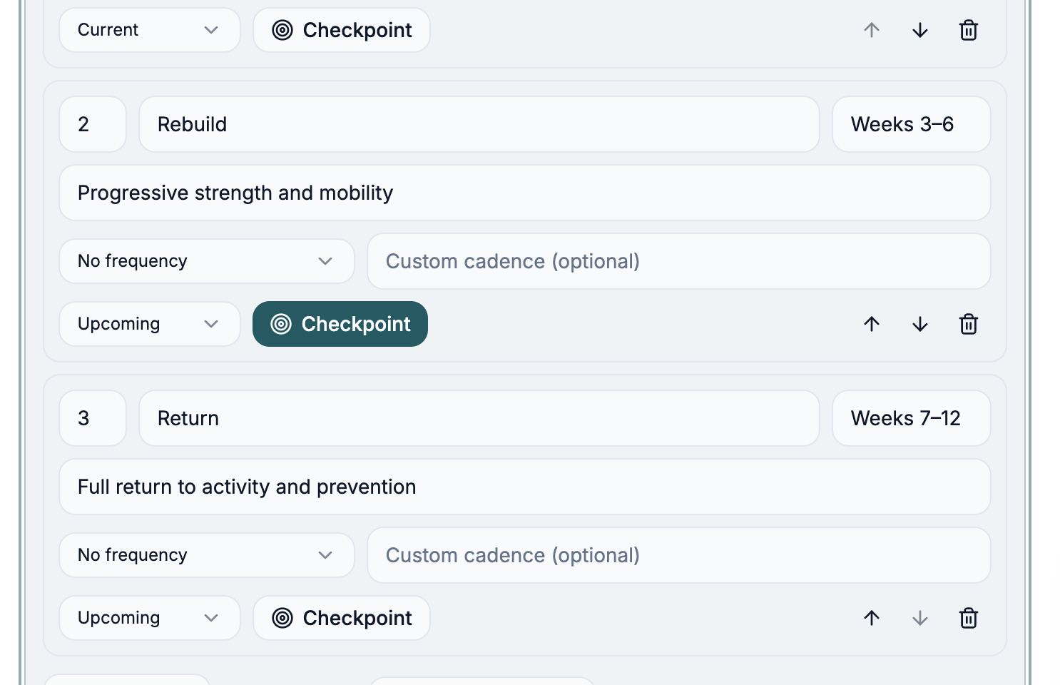 Care Journey phase editor showing week range, focus text, frequency, status and checkpoint controls