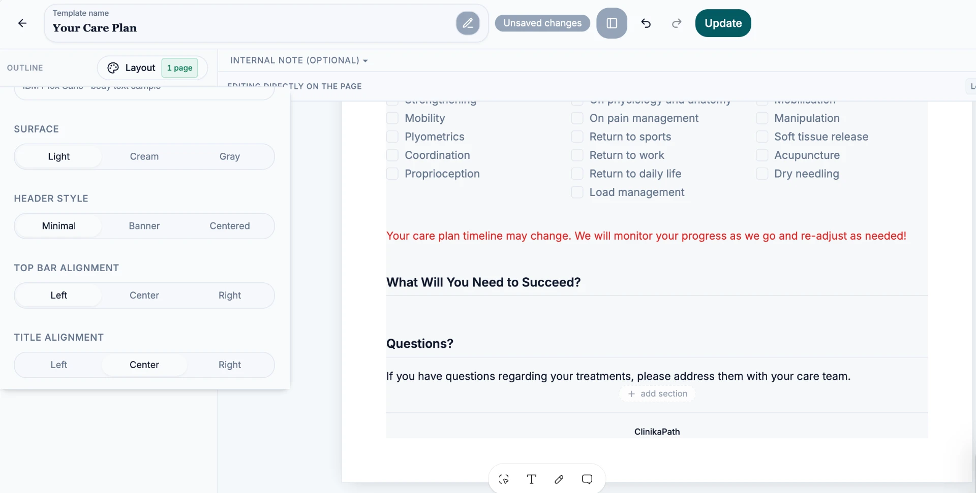 Layout panel showing surface, header style, top bar alignment and title alignment options