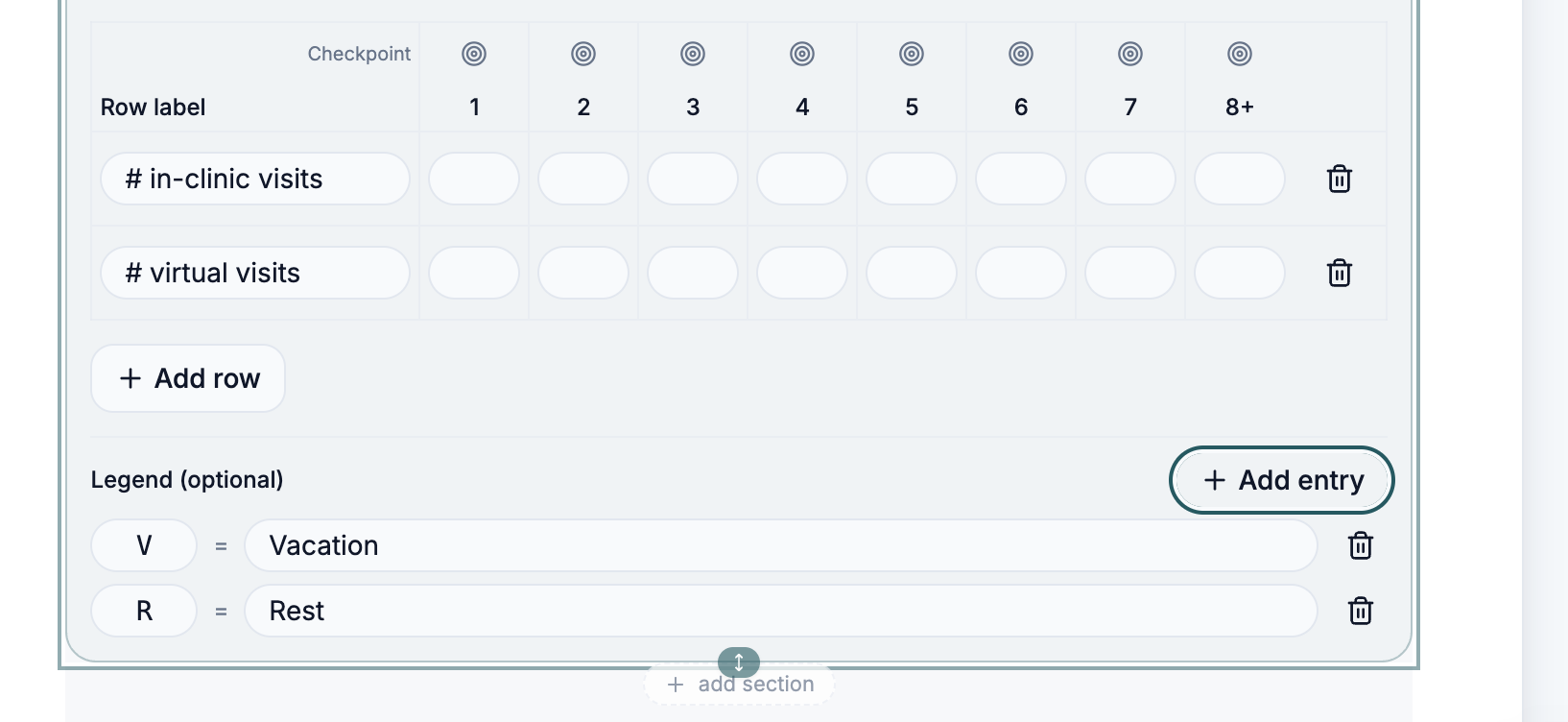 Timeline Matrix legend editor with V = Vacation and R = Rest entries