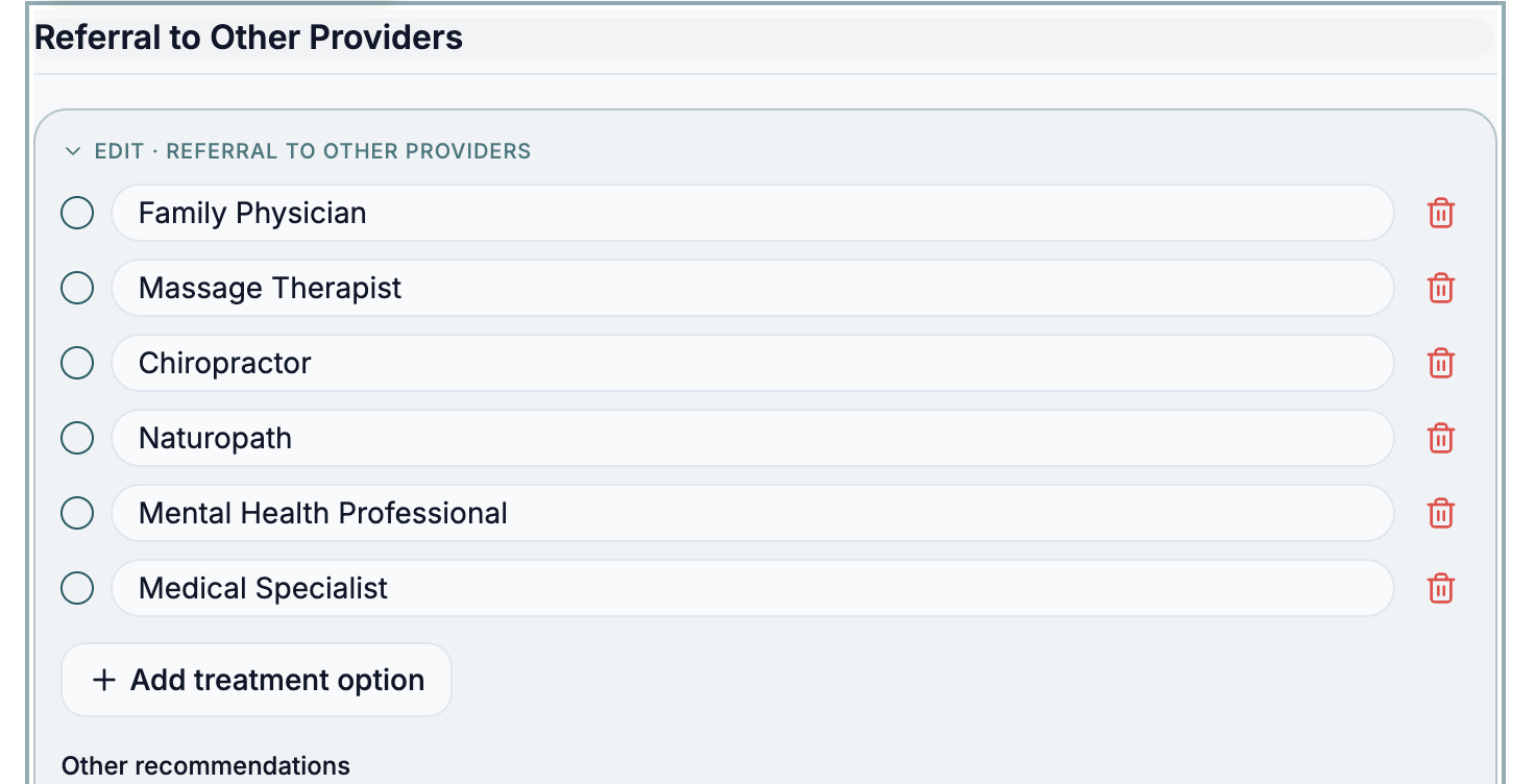 Referral to Other Providers checklist editor