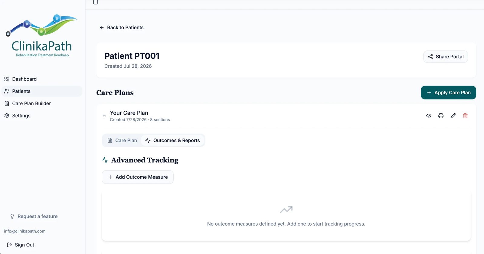 ClinikaPath patient profile with the Advanced Tracking empty state and Add Outcome Measure button