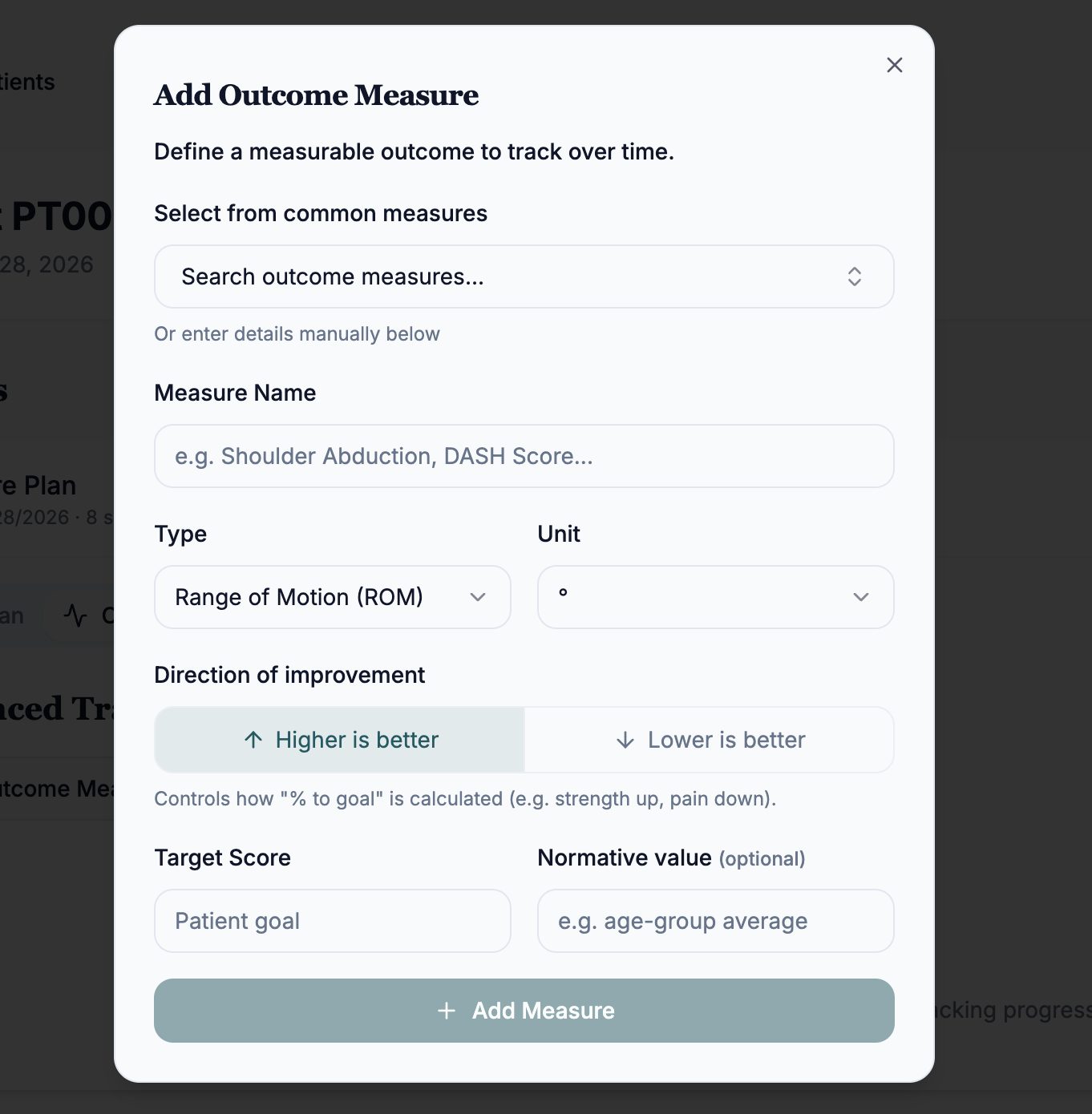 ClinikaPath Add Outcome Measure modal with name, type, unit, direction and target fields