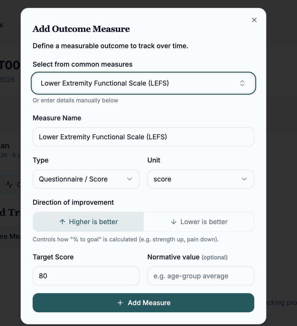 ClinikaPath Add Outcome Measure modal pre-filled with the Lower Extremity Functional Scale (LEFS)