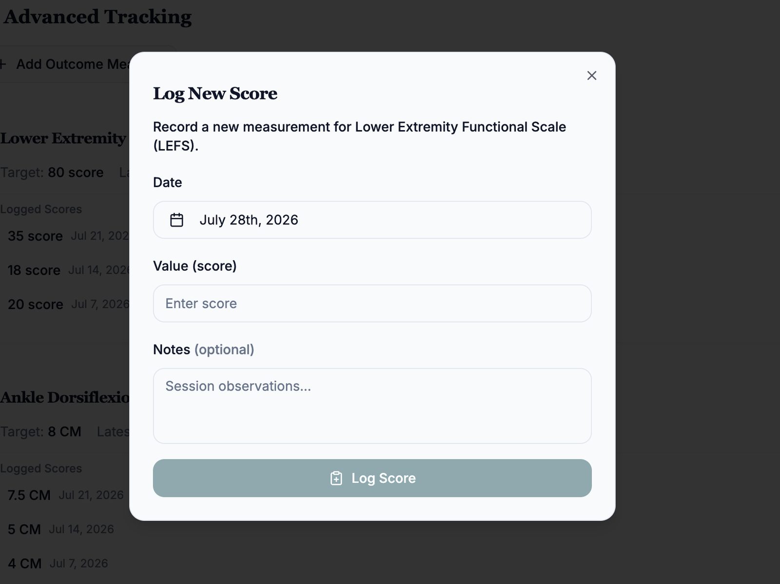 ClinikaPath Log New Score modal with date, value and notes fields over the logged score history